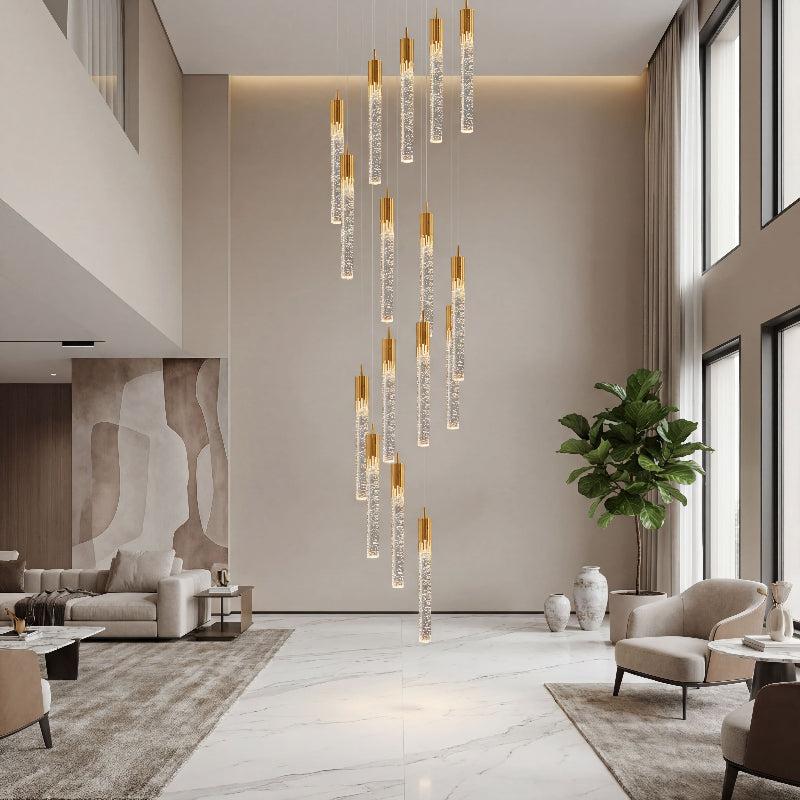 Luxury Celestial Rain meteor shower chandelier with long crystal cascade featuring 3D bubbles creating brilliant sparkle in grand entryway