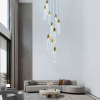 Thumbnail for Modern luxury long crystal chandelier for living room featuring Celestial Rain meteor shower spiral with 3D bubbles for high ceiling