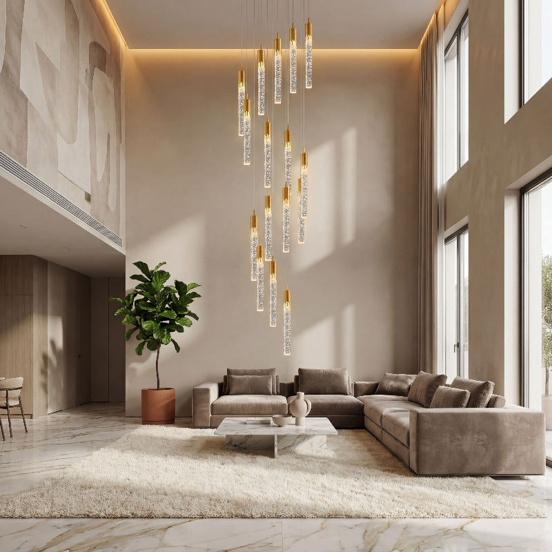 Artistic Celestial Rain meteor shower chandelier with long crystal cascade featuring laser-etched bubbles creating elegant ambient lighting