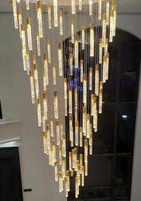 Thumbnail for Long meteor shower crystal pendant with Celestial Rain spiral cascade design featuring 3D bubbles for staircase high ceiling foyer