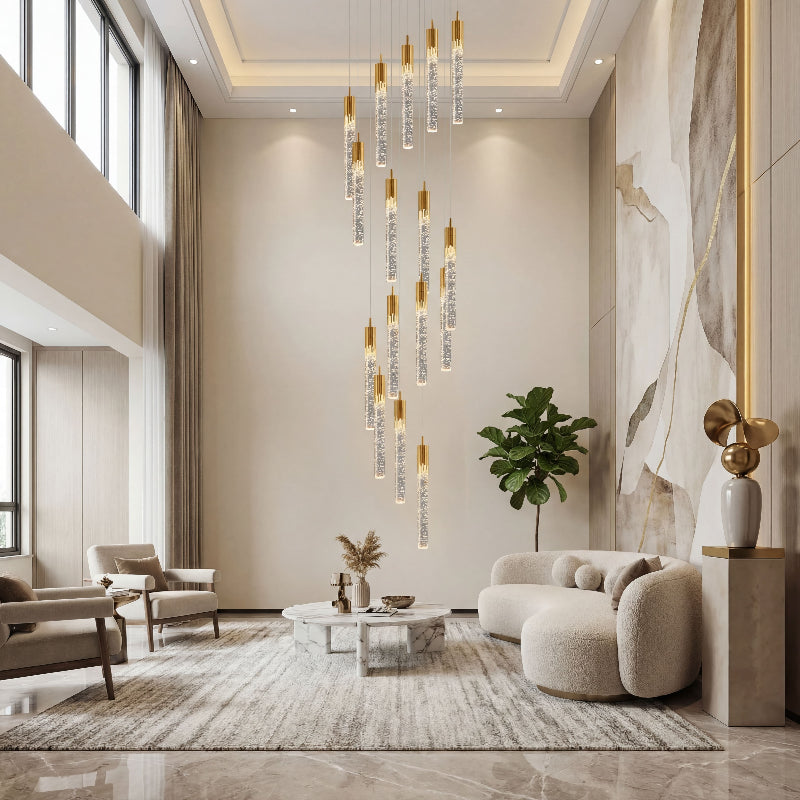 Contemporary Celestial Rain long meteor shower crystal chandelier with spiral design creating cascading lighting in modern two-story foyer staircase