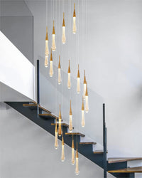 Thumbnail for Crystal raindrop chandelier, champagne rain elevating staircase foyer entryway with chic design and gold glow