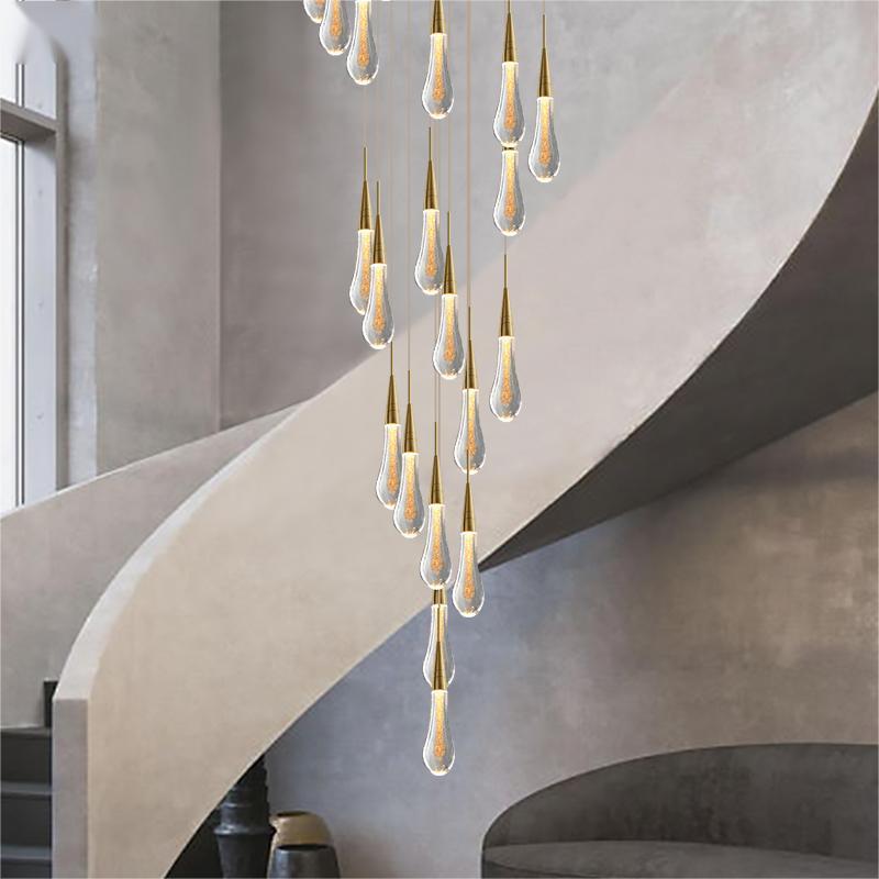 Gold crystal raindrop chandelier, champagne rain design with gold powder for staircase foyer high ceiling lighting