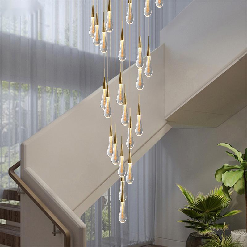 Gold crystal raindrop chandelier light, champagne rain design for staircase foyer entryway two-story high ceiling