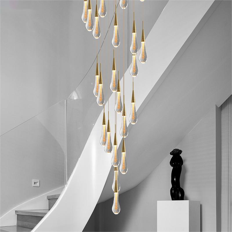 Dimmable gold crystal raindrop chandelier featuring Champagne Rain with gold powder infusion for staircase foyer entryway lighting