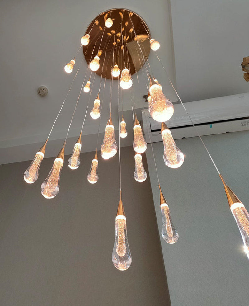 Modern crystal raindrop chandelier with Champagne Rain hanging integrated LED in random permutation for dining room foyer staircase