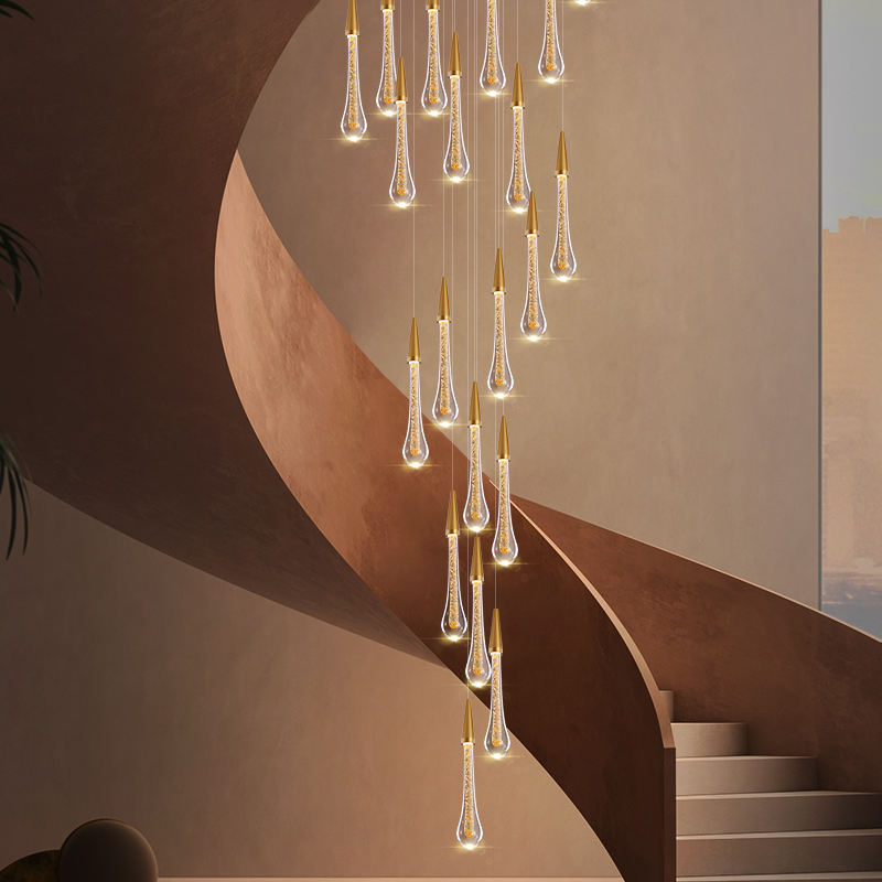 Crystal raindrop chandelier featuring Champagne Rain custom cluster design for staircase foyer entryway two-story high ceiling