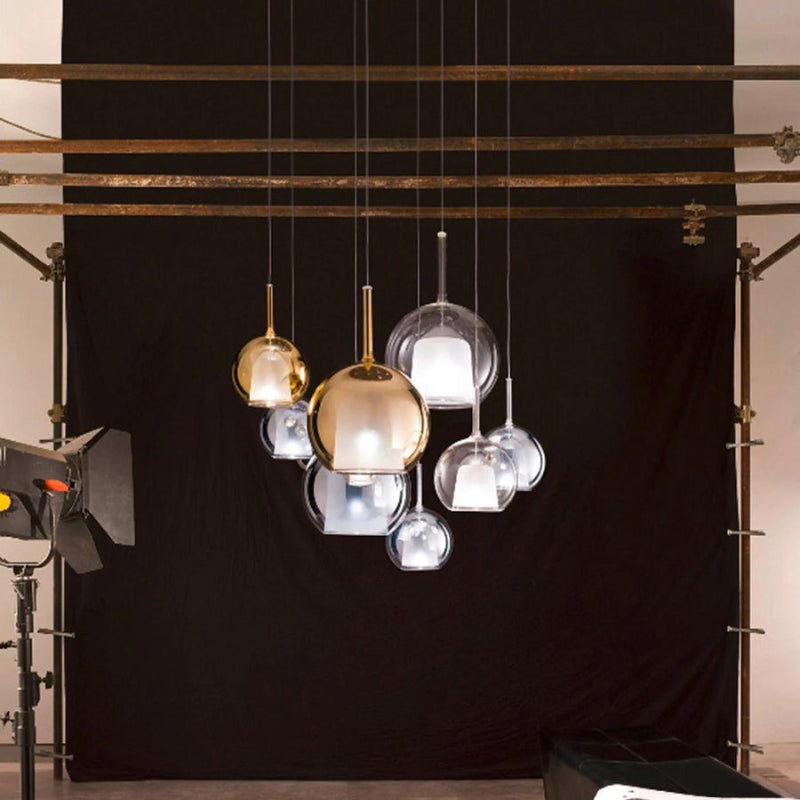 Multi-color art glass chandelier, mixed size spheres in chrome gold blue smoke for dining room foyer high ceiling