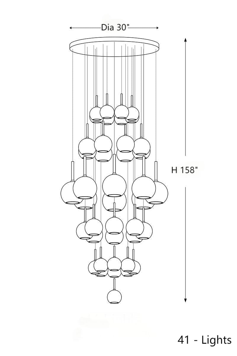 This chandelier features 41 transparent, hand-blown glass spheres in various colors and sizes, making it suitable for high-ceiling spaces such as restaurants, foyers, and stairwells.