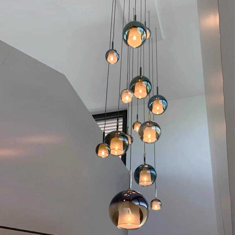 Modern gold art glass staircase chandelier, mixed size spheres for foyer entryway two-story high ceiling lighting