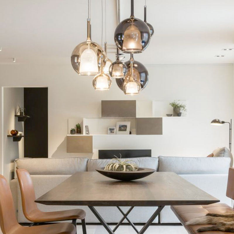 Round multi-color art glass chandelier, modern mixed size spheres for dining room foyer staircase high ceiling