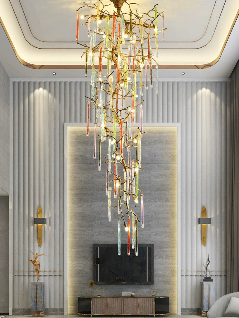 Modern luxury handcrafted copper crystal cascade chandelier, waterfall design for living room foyer lighting