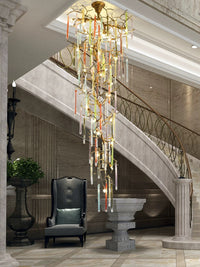 Thumbnail for Handcrafted copper crystal cascade chandelier for luxury home, waterfall design for foyer staircase entryway