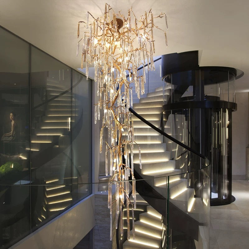 Luxury handcrafted copper crystal cascade chandelier, waterfall design for large living room foyer lighting