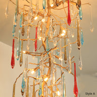 Thumbnail for Designer handcrafted copper crystal cascade chandelier, waterfall design for luxury villa foyer entryway