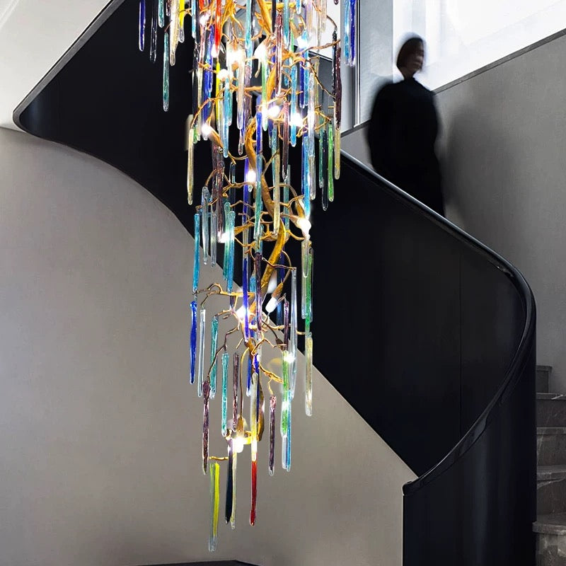 Custom handmade copper crystal cascade chandelier, waterfall design for foyer staircase entryway hotel lobby