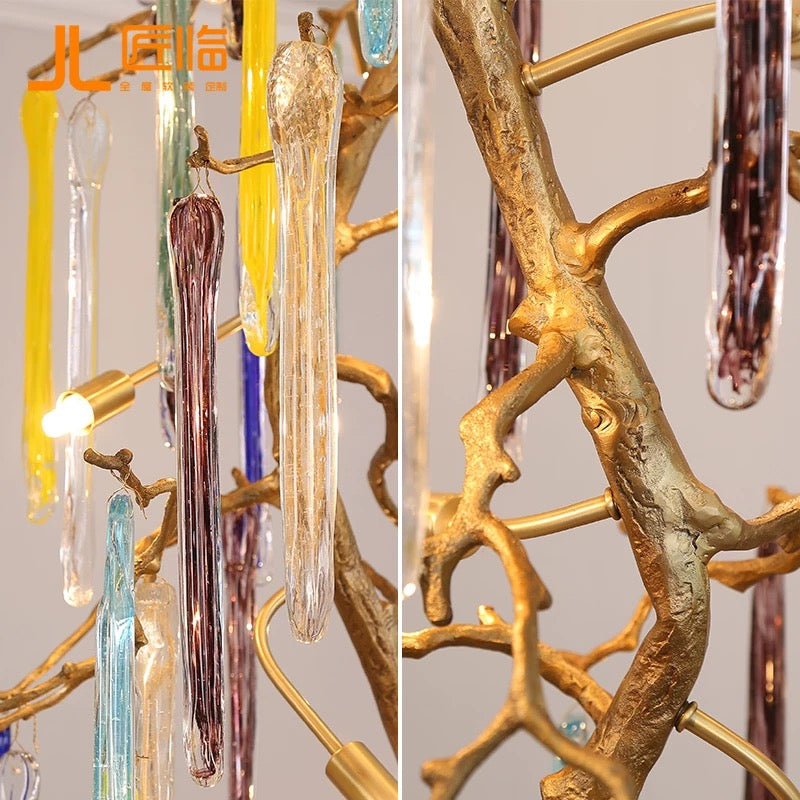 Luxury handcrafted copper crystal cascade chandelier, waterfall design for dining room foyer entryway lighting