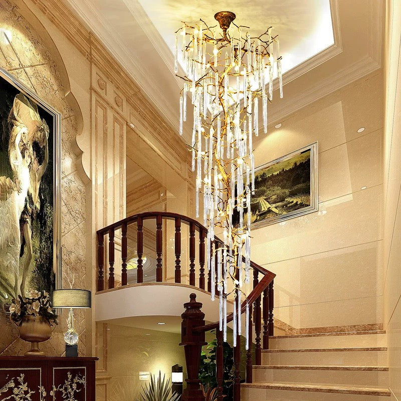 Handcrafted copper crystal cascade chandelier with gold accents, waterfall design for foyer staircase lighting