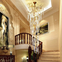 Thumbnail for Handcrafted copper crystal cascade chandelier with gold accents, waterfall design for foyer staircase lighting