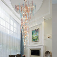 Thumbnail for Elegant handcrafted copper crystal cascade chandelier, waterfall design for high ceiling foyer staircase