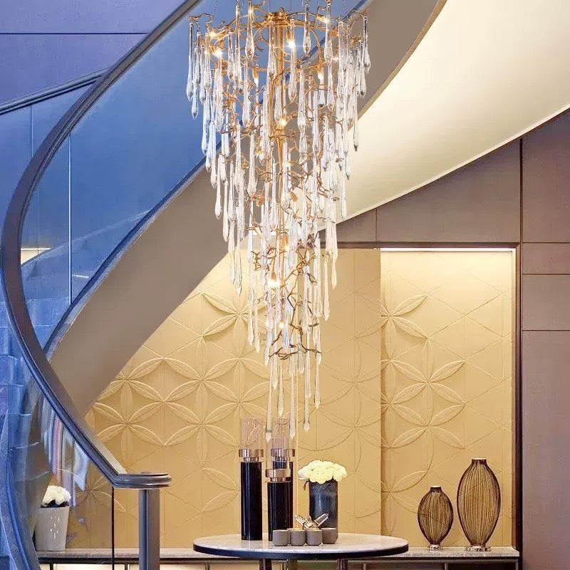 Luxury handcrafted copper chandelier, cascading forest branch design with crystals for staircase foyer entryway lighting