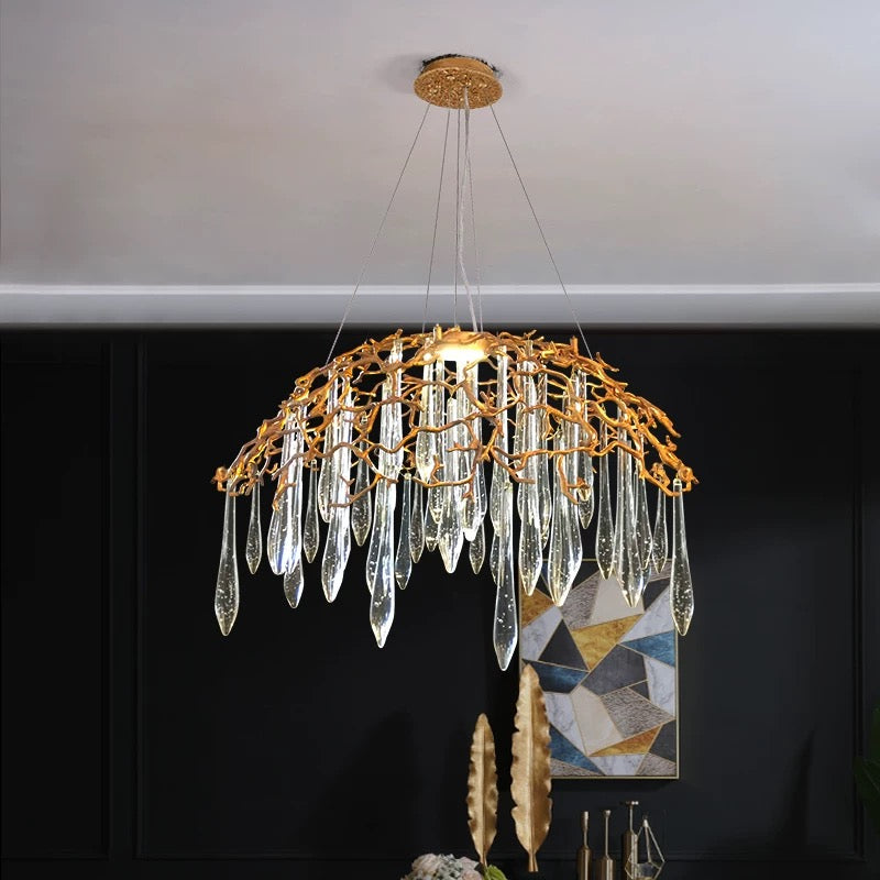 Glamorous handcrafted copper coronet chandelier, crown design with crystals for modern villa foyer entryway lighting