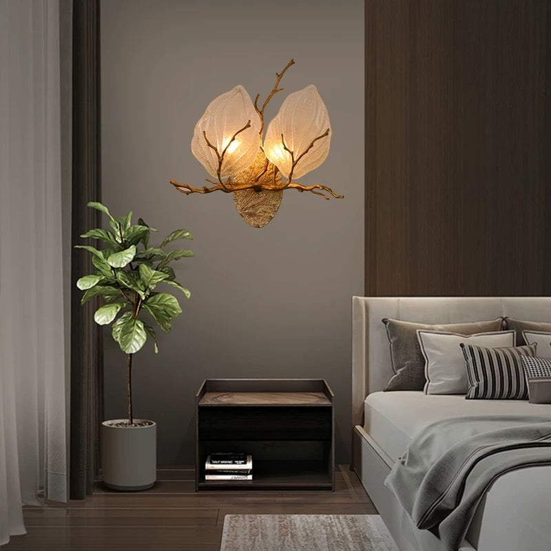 Handcrafted copper flower wall sconce, artistic floral design with shadow play for staircase hallway entryway