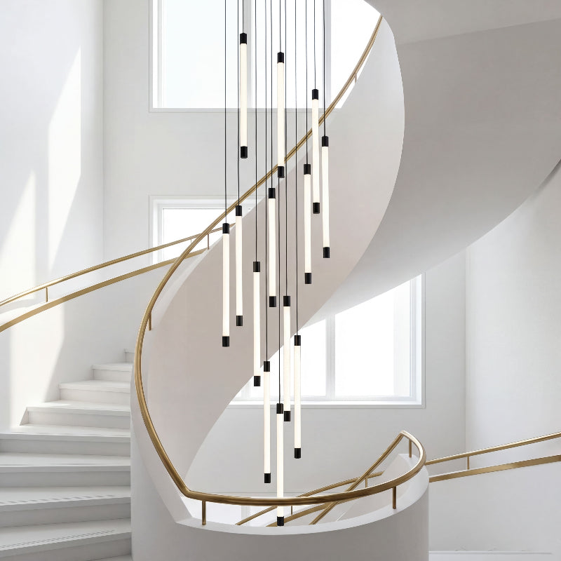 Fluid Motion cascade chandelier with tubular acrylic design creating dynamic lighting sculpture in contemporary staircase foyer high ceiling