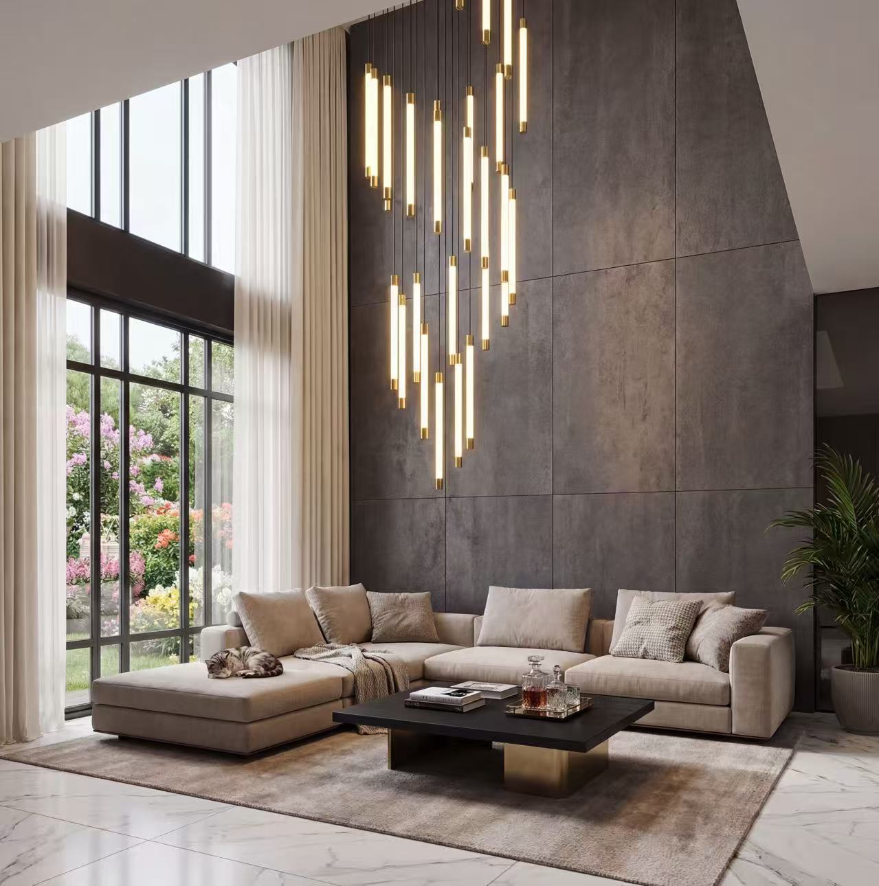 Artistic Fluid Motion cascade chandelier with tubular acrylic creating organic flowing light in contemporary staircase foyer high ceiling