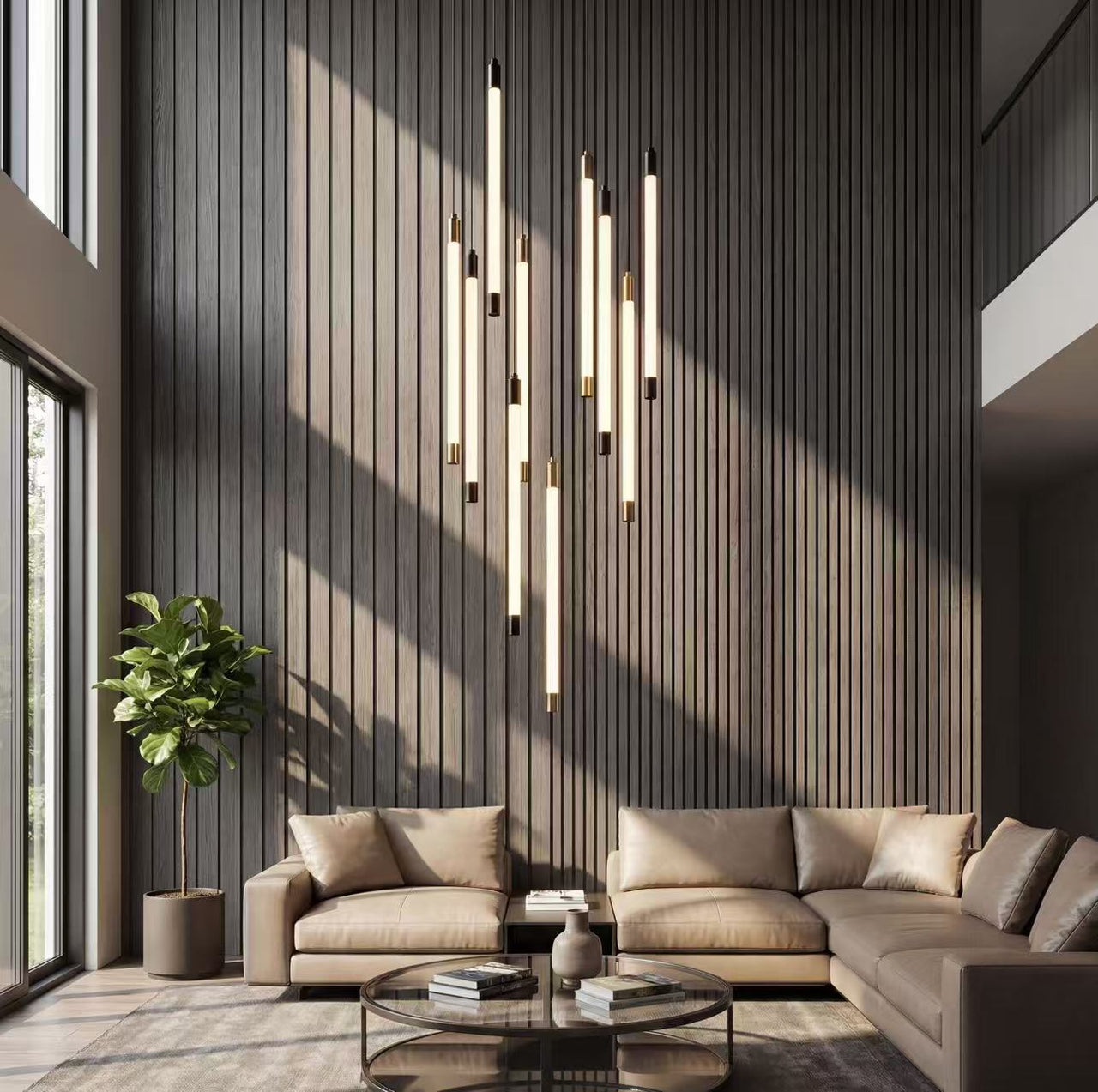 Contemporary luminous cascade with tubular acrylic design creating fluid motion lighting in modern residential staircase foyer entryway