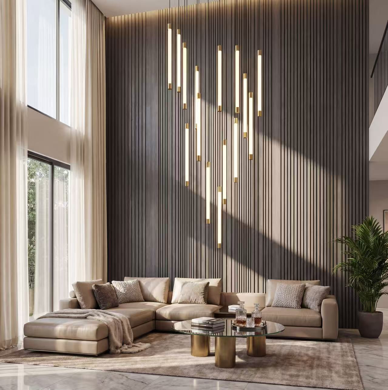 Architectural cascade chandelier with 16-46 tubular acrylic lights creating dramatic waterfall effect in modern staircase foyer high ceiling