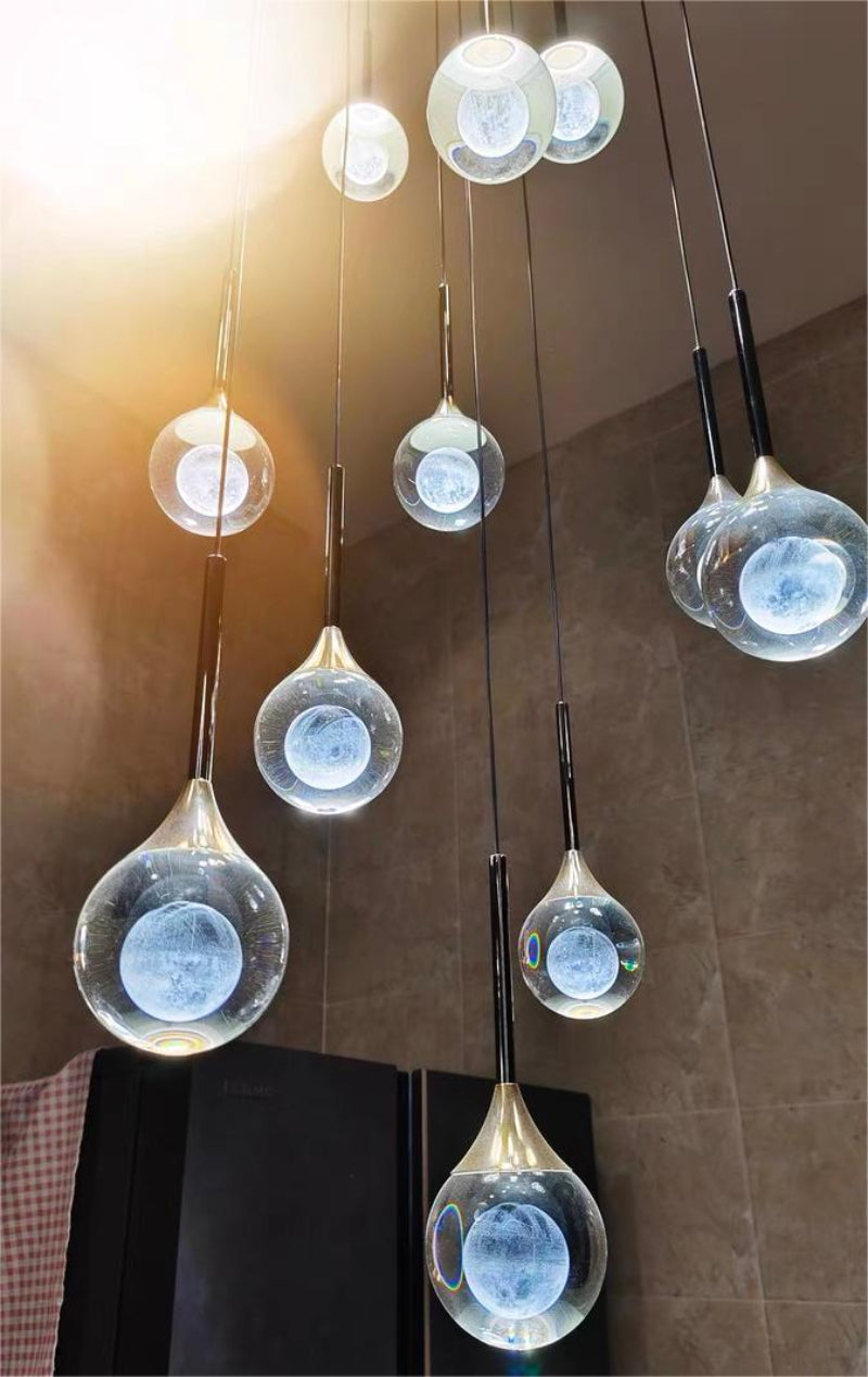 Luxury mosaic crystal chandelier, laser-engraved moon design for foyer staircase entryway two-story high ceiling,lighting effect