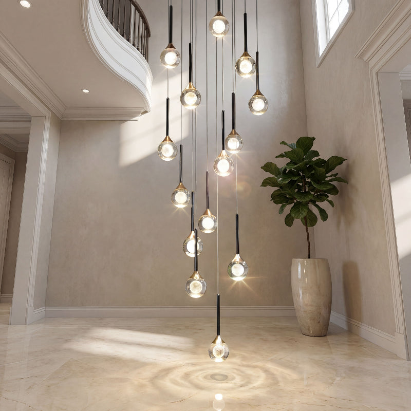 Premium Gemstone Cascade mosaic crystal chandelier with laser-engraved moon design creating sophisticated lighting in contemporary staircase space