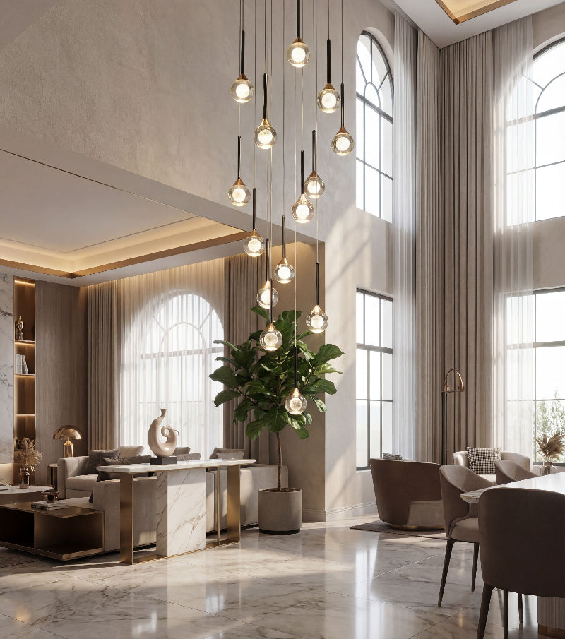 Elegant Gemstone Cascade mosaic crystal chandelier with laser-engraved moon K9 creating waterfall lighting effect in modern residential entryway