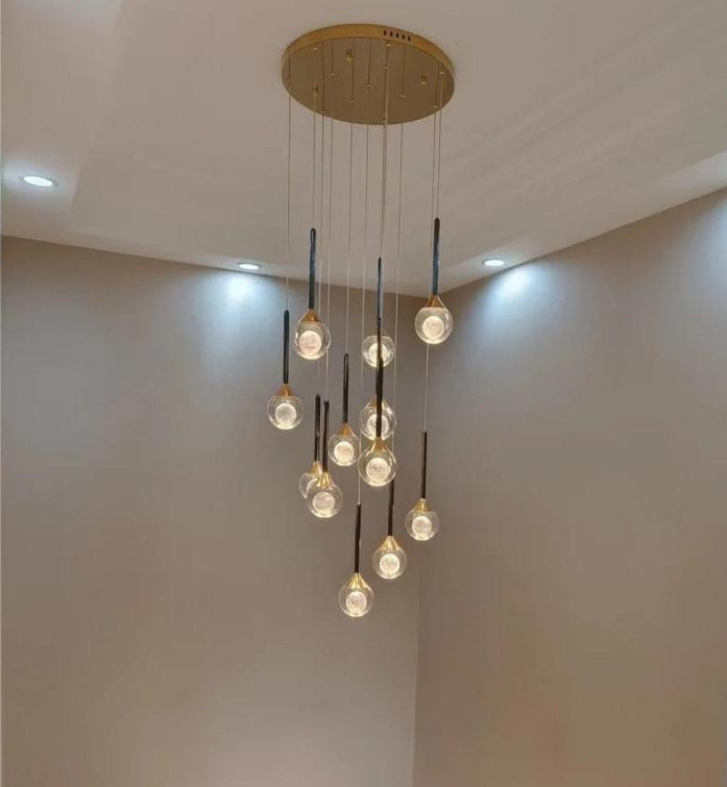 UL-certified mosaic crystal chandelier with Gemstone Cascade laser-engraved moon K9 spheres for foyer staircase entryway two-story ceiling