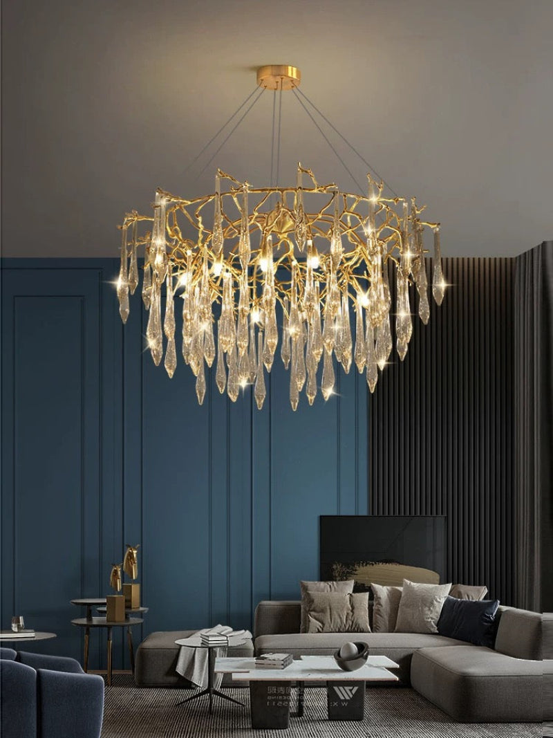 Luxury handcrafted copper icicle chandelier, winter-inspired home lighting with crystals for staircase foyer entryway