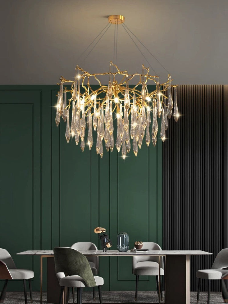 Premium handcrafted copper icicle chandelier, winter-inspired design with crystals for staircase foyer entryway lighting