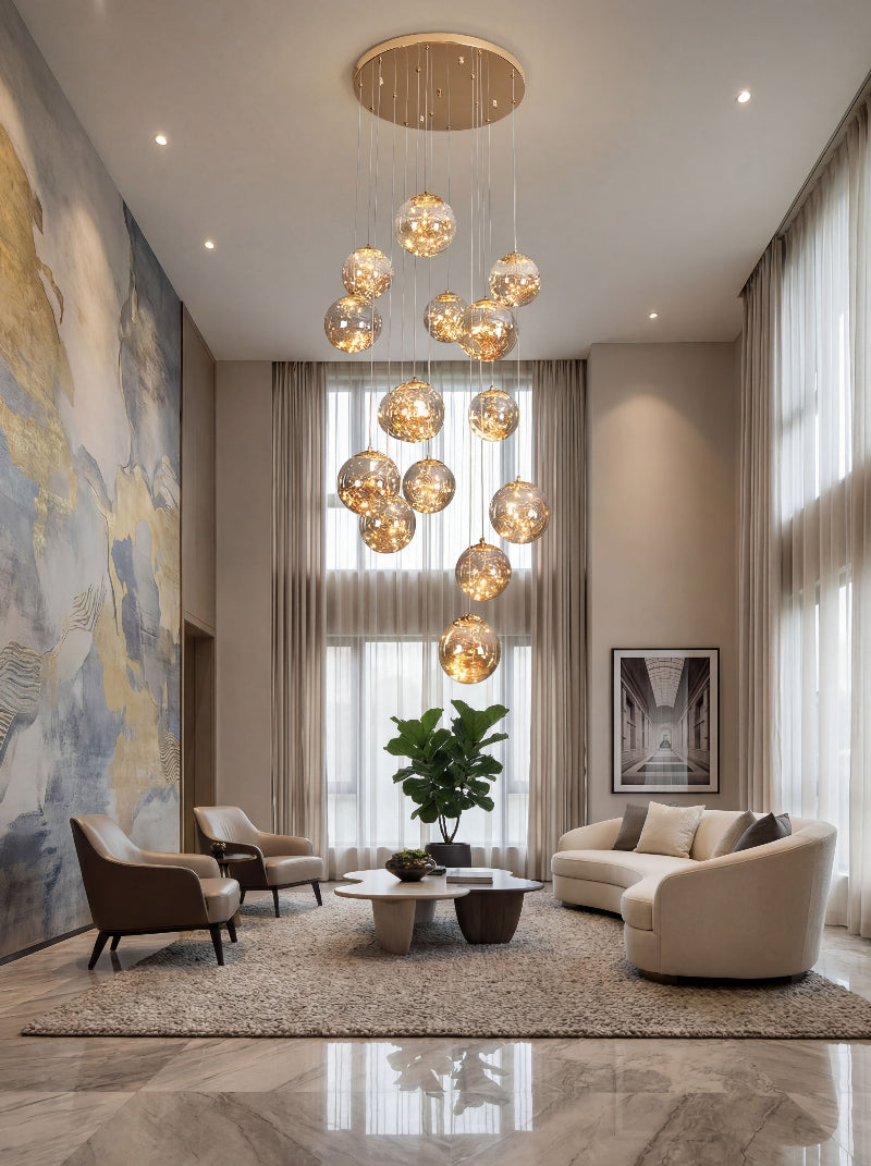 Statement modern art chandelier with firefly-inspired bubbles creating luxurious illumination in modern high ceiling entryway