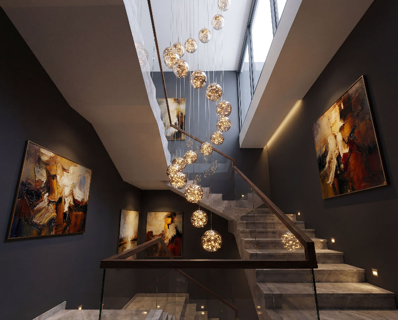 Premium firefly-inspired chandelier with glass bubble balls creating sophisticated lighting in contemporary residential staircase