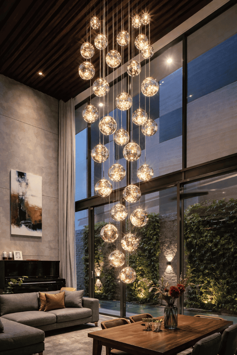 Contemporary modern art firefly-inspired glass bubble chandelier with spheres creating cascading lighting in two-story foyer staircase