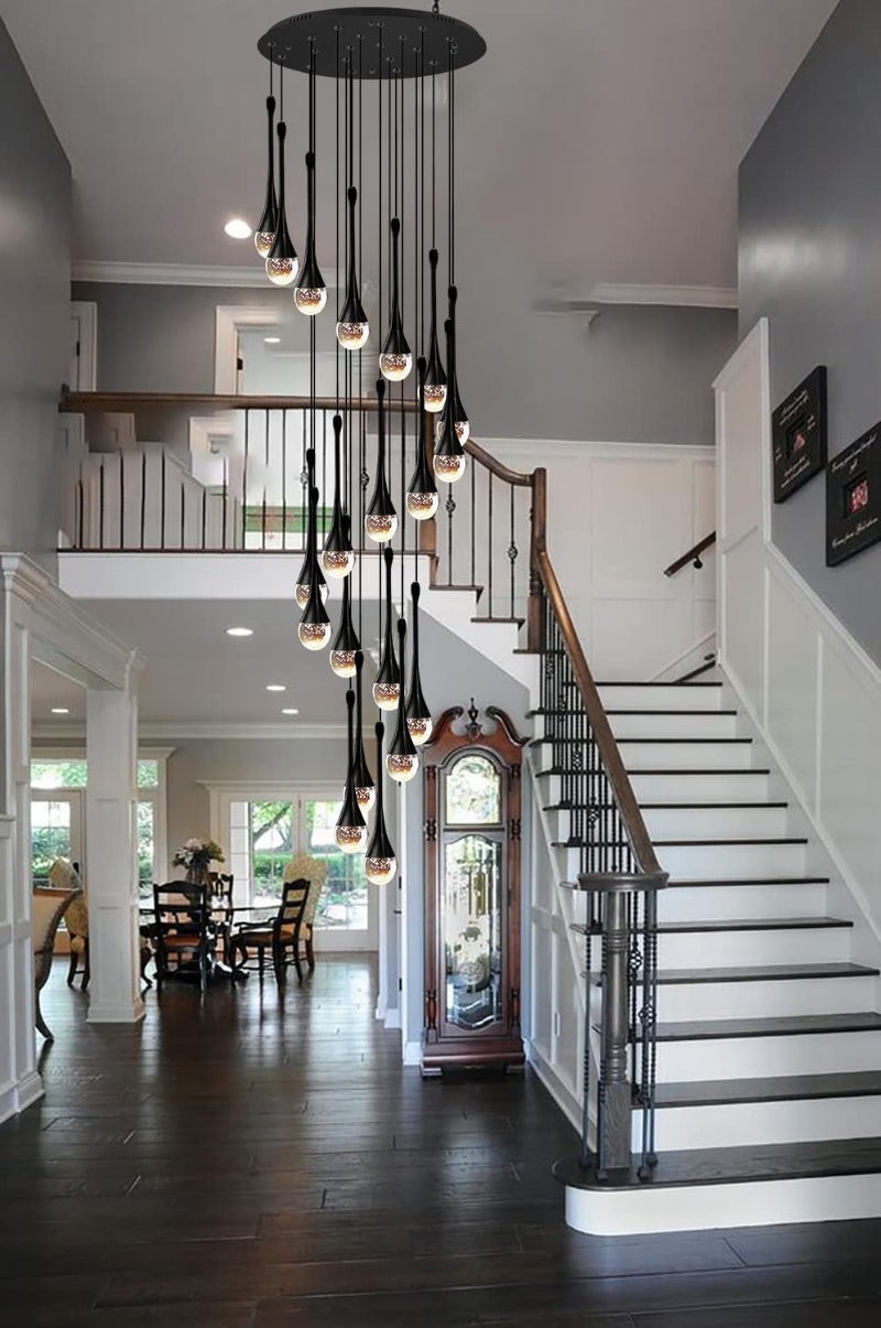 Black crystal teardrop chandelier, solid crystal with bubble effects for staircase foyer entryway two-story ceiling