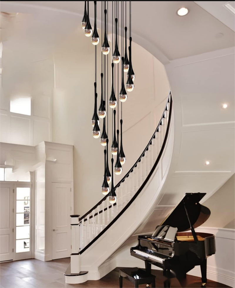 Black crystal teardrop chandelier, solid crystal with bubble effects for staircase foyer entryway two-story ceiling