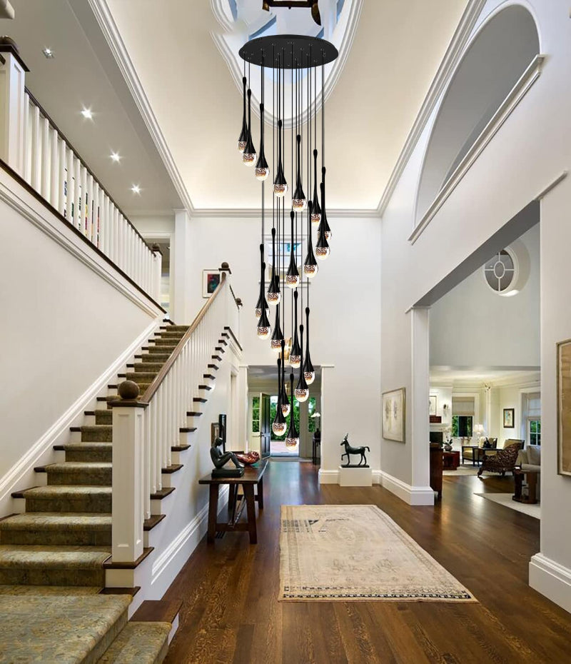 Black modern crystal teardrop chandelier, solid crystal with bubble effects for staircase foyer entryway lighting,UL