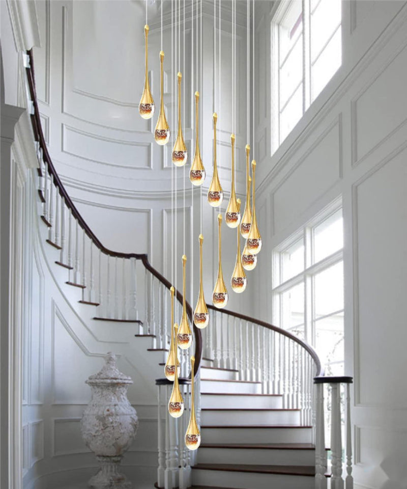 Modern gold crystal teardrop chandelier, solid crystal with bubble effects for staircase foyer entryway lighting