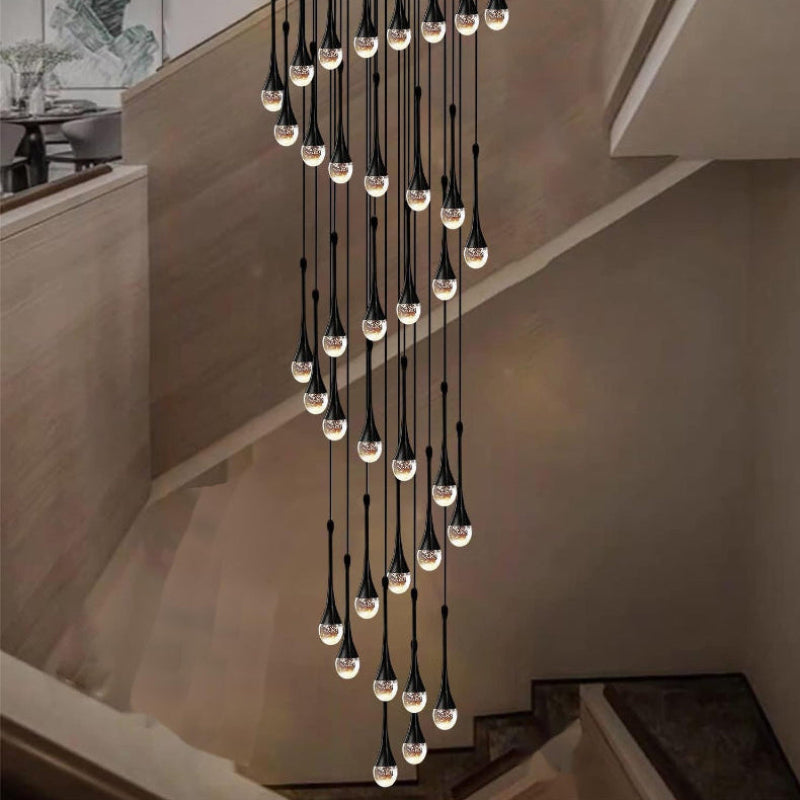 Modern black crystal teardrop chandelier, solid crystal with bubble effects for foyer staircase entryway lighting,spiral.