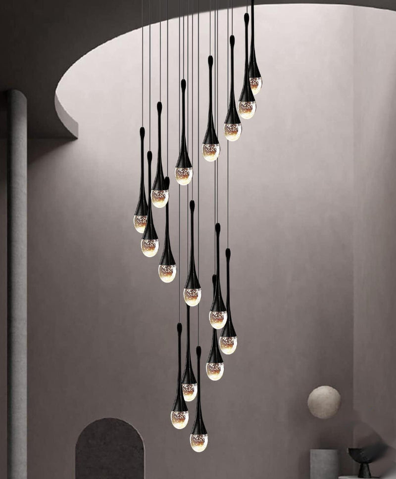 Black crystal teardrop bubble chandelier, solid crystal with internal effects for staircase foyer entryway lighting,UL