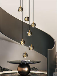 Thumbnail for Black square crystal chandelier in modern foyer, spiral helix design for staircase high ceiling lighting
