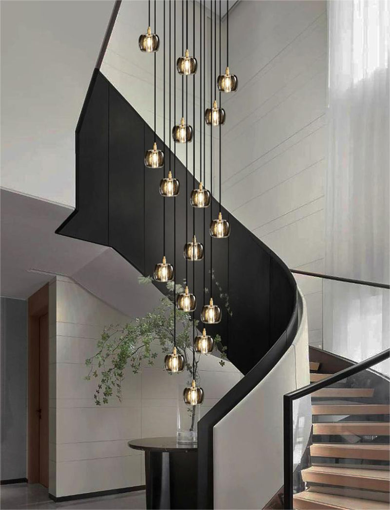 Black square K9 crystal chandelier, modern spiral design for staircase foyer two-story high ceiling lighting
