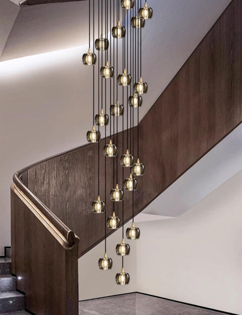 Black spiral staircase chandelier, square crystal pendants for modern foyer entryway high ceiling lighting