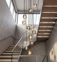 Thumbnail for Luxury square crystal chandelier with helix spiral arrangement creating elegant focal point in modern two-story foyer entrance